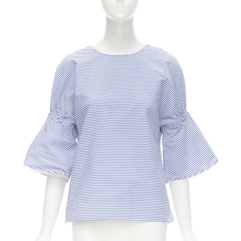 TIBI blue white striped cotton bell sleeves flared back top XS