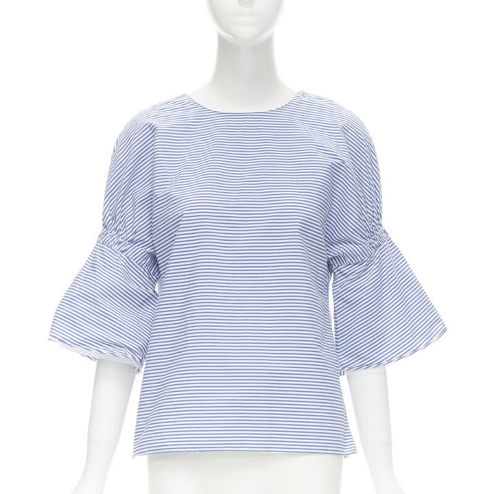 TIBI blue white striped cotton bell sleeves flared back top XS