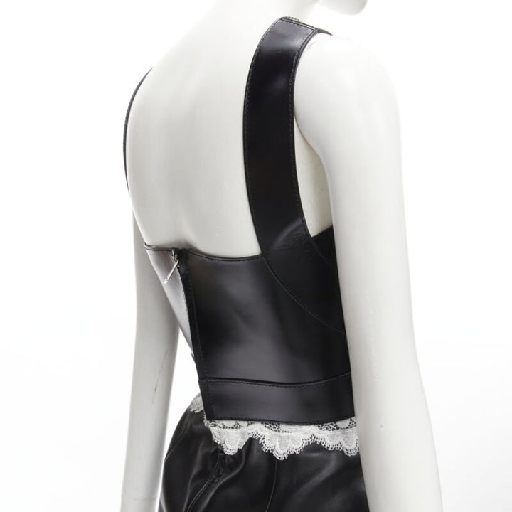 ALEXANDER MCQUEEN 2020 Runway black leather bustier white lace dress IT38 S