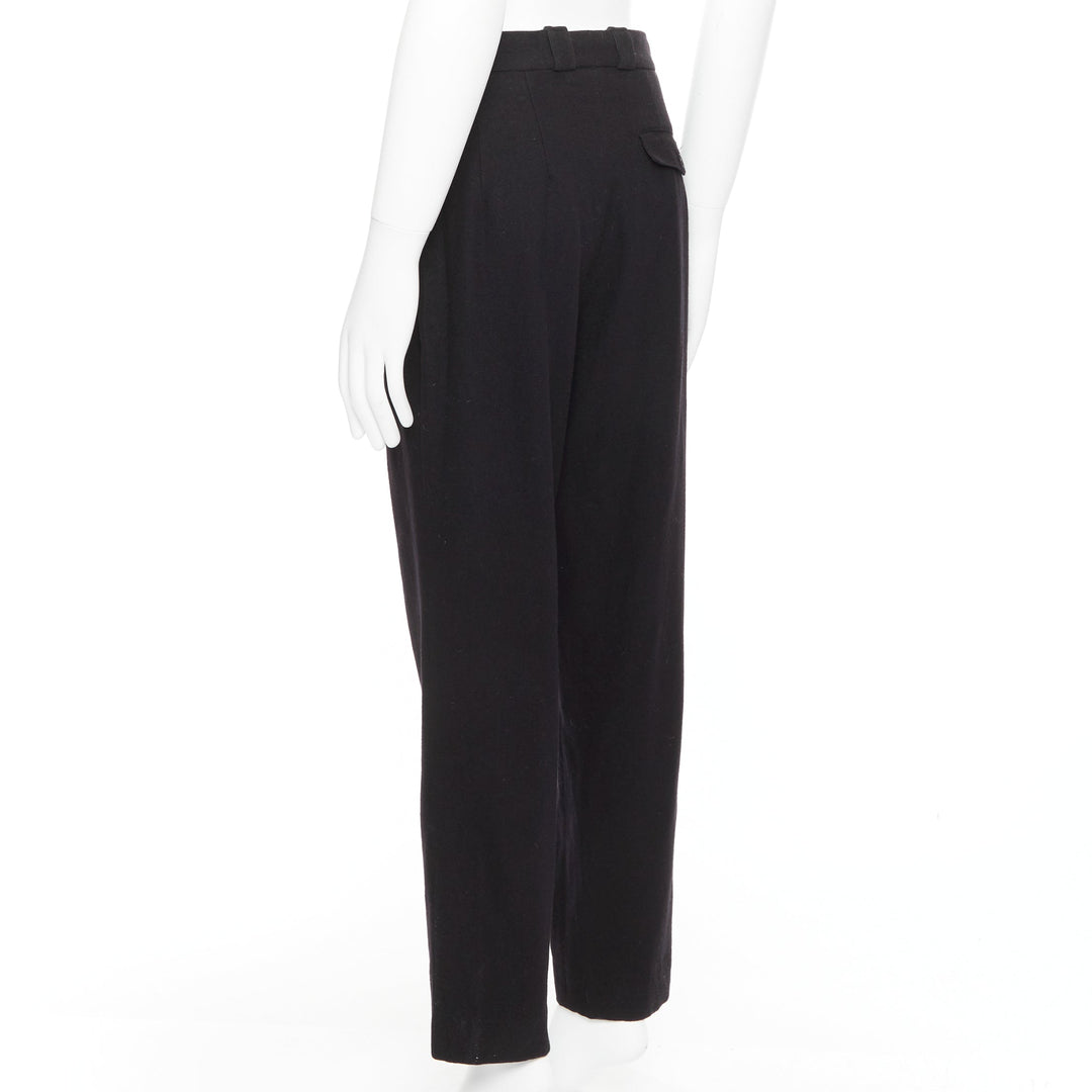 YOHJI YAMAMOTO navy 100% wool pleated front back flap tapered pants M
