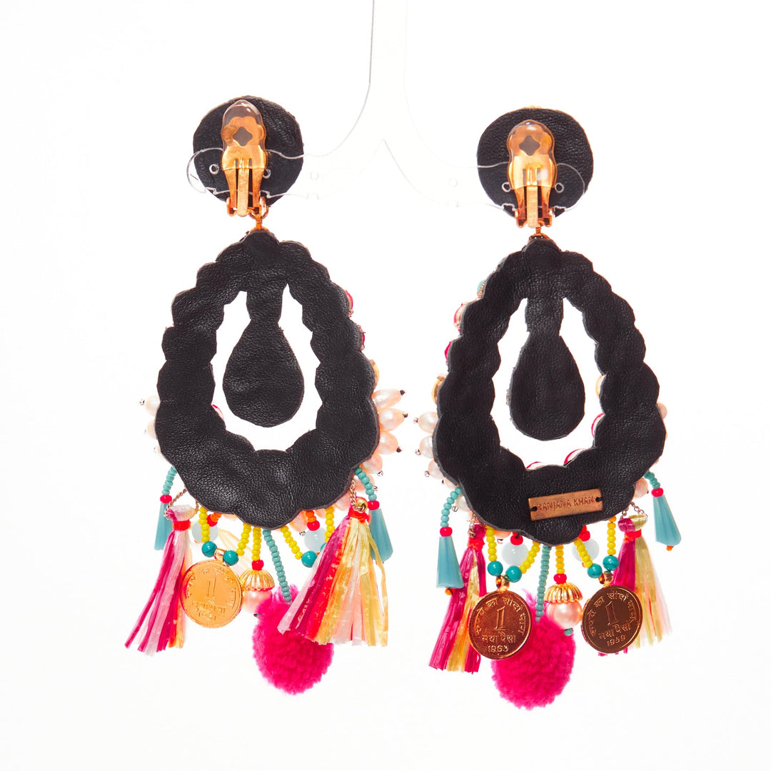 RANJANA KHAN neon orange crystal beads multi dangling clip on earrings