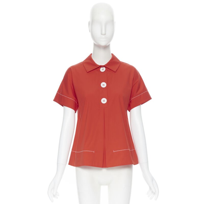 PIAZZA SEMPIONE red cotton blend white overstitch babydoll blouse top IT38