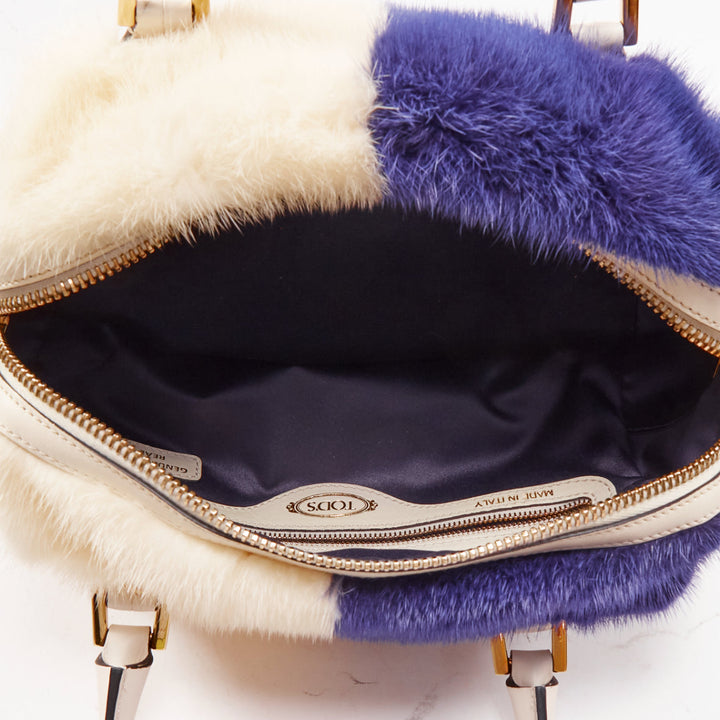 TOD'S D Cube Bauletto cream blue fur white leather GHW bowler bag
