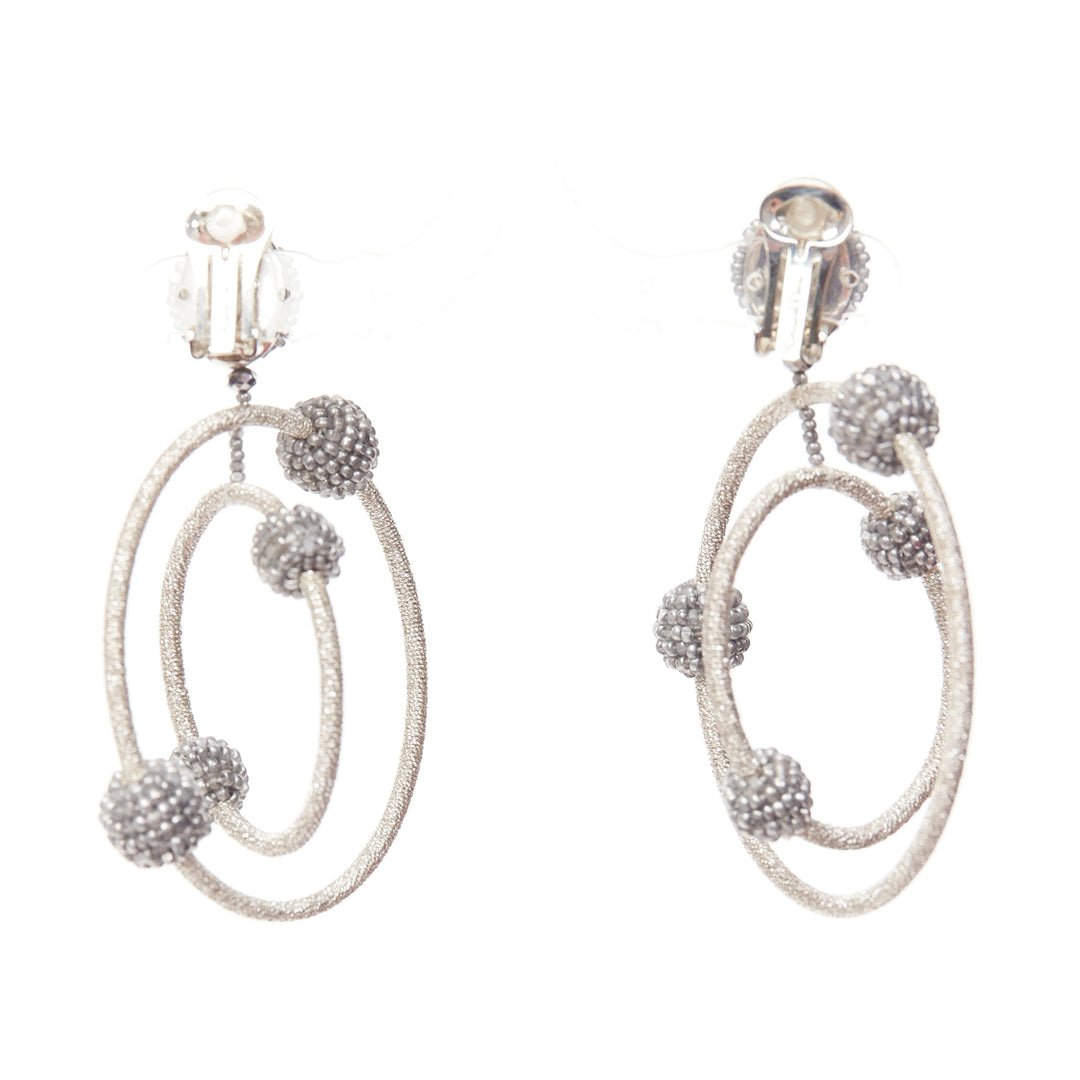 OSCAR DE LA RENTA silver beaded dual orbital hoop clip on earrings Pair