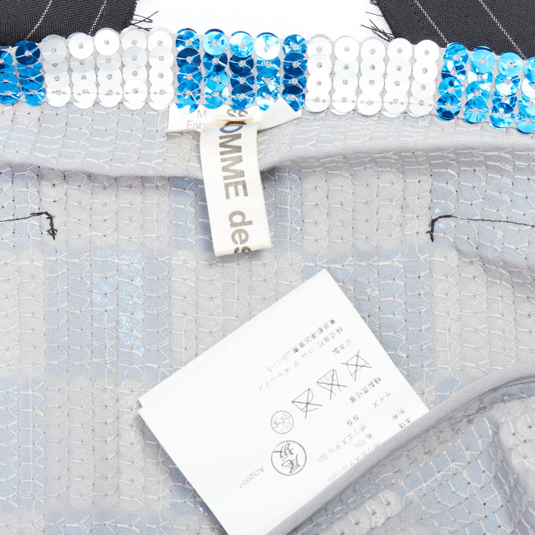 COMME DES GARCONS 2007 blue grey checkered sequin wool trim vest XS