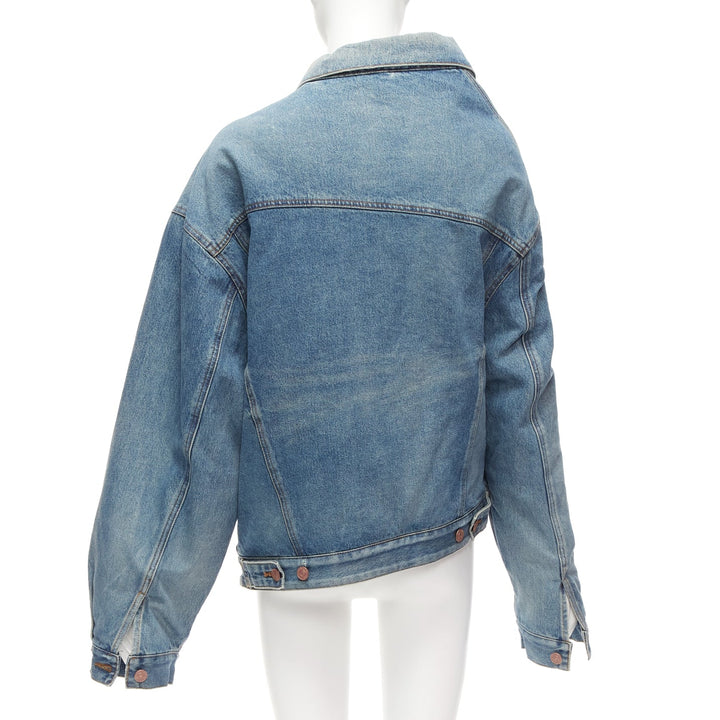BALENCIAGA Demna 2021 blue washed denim off shoulder deconstructed jacket L