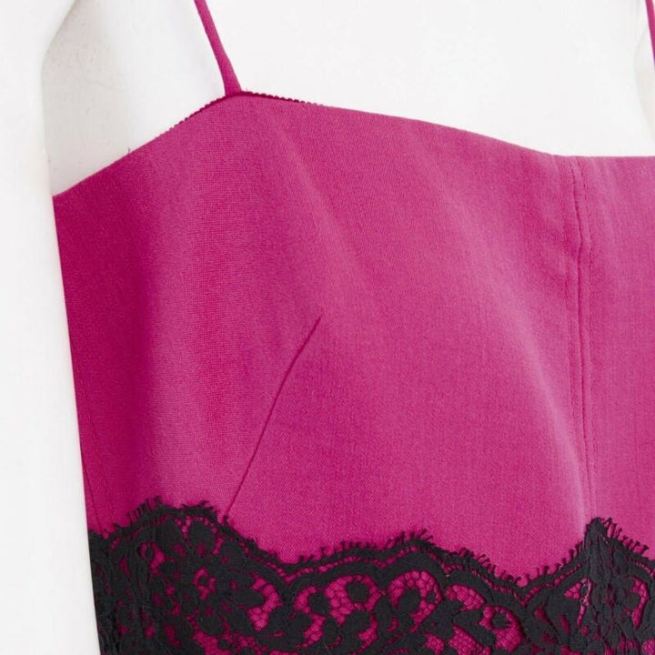 VALENTINO pink wool blend black lace trimmed waist flared skirt dress IT42 M