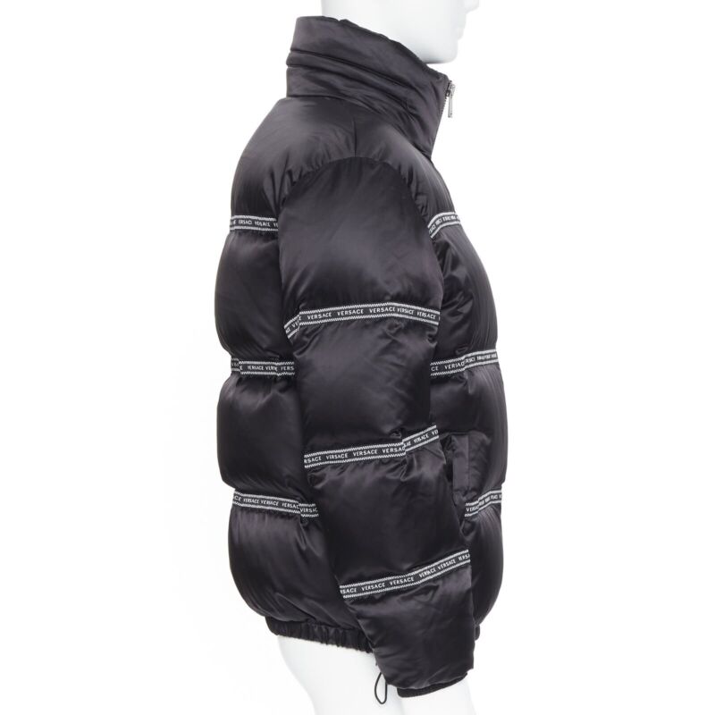 VERSACE Nastro Stampa black logo ribbon goose down padded jacket IT46 S