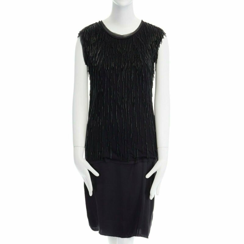LANVIN ALBER ELBAZ black beaded fringe embellished flapper silk dress FR34 XS