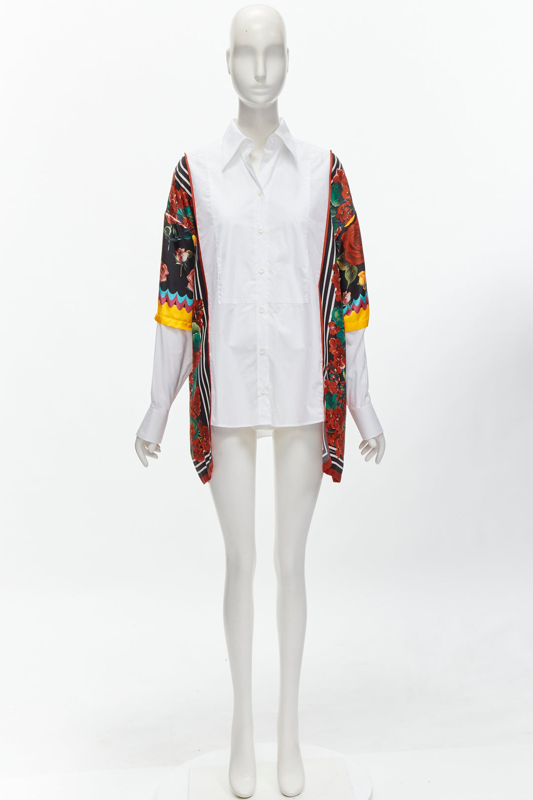 DOLCE GABBANA red yellow floral scarf silk insert white high low shirt IT38 XS
