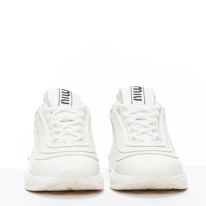 MIU MIU white leather logo tongue clear big crystal heels chunky sneakers EU38