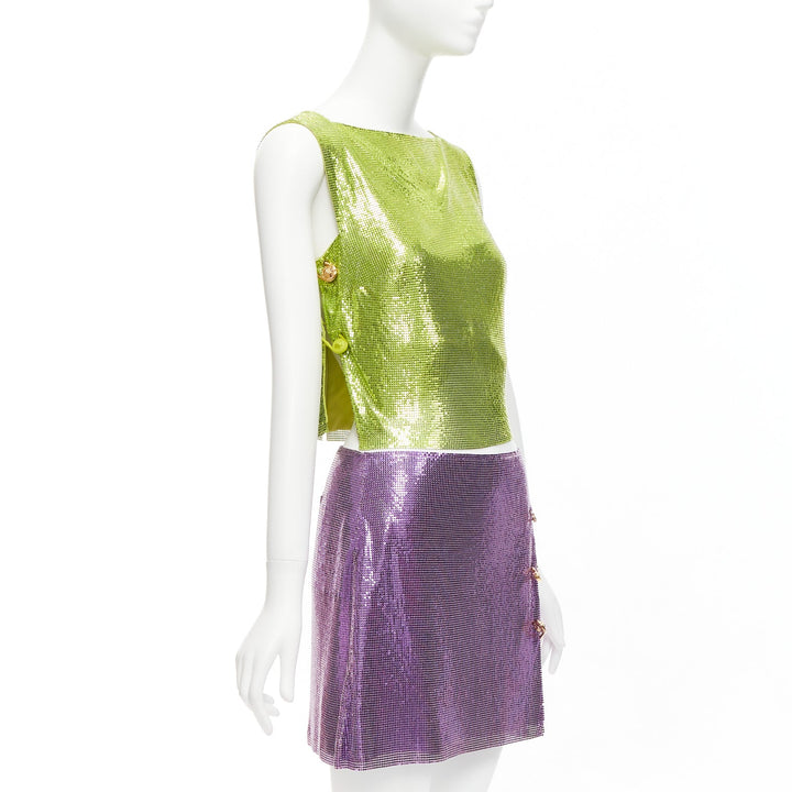 rare VERSACE 2022 Runway green purple metal chainmail safety pin top skirt IT38