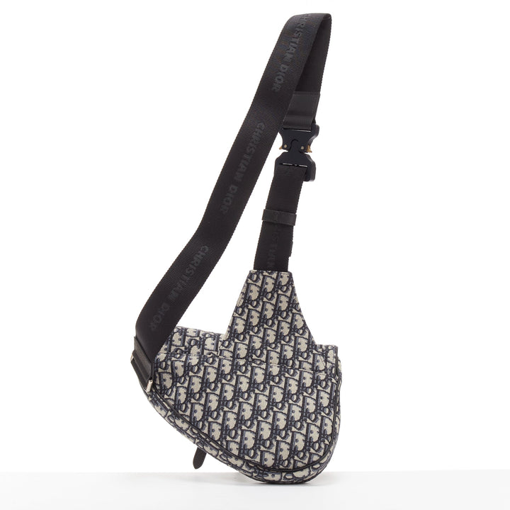 CHRISTIAN DIOR blue black CD logo monogram oblique canvas sadde shoulder bag