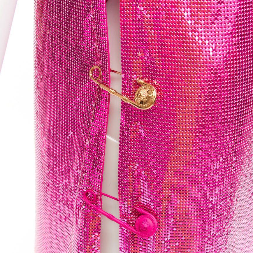 rare VERSACE 2022 Runway pink metal chainmail Medusa safety pin dress IT38 XS