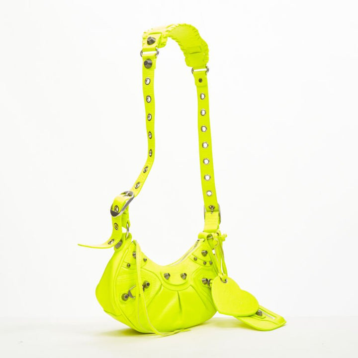 BALENCIAGA DEMNA LE Cagole XS neon yellow silver stud crossbody Motocross bag