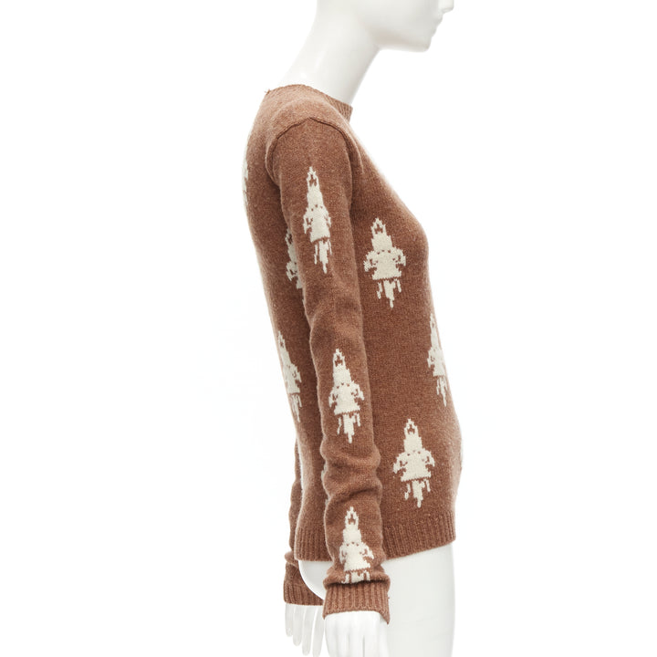 PRADA 2015 100% shetland wool brown rocket intarsia sweater IT36 XXS