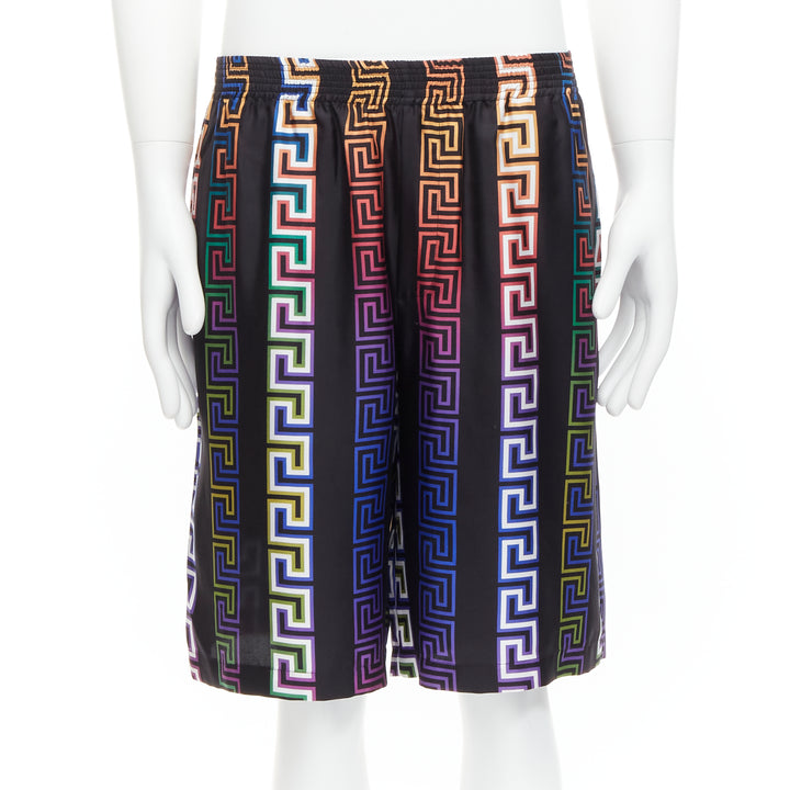 VERSACE 2021 Runway Neon Greca black college fit silk twill shorts IT46 S