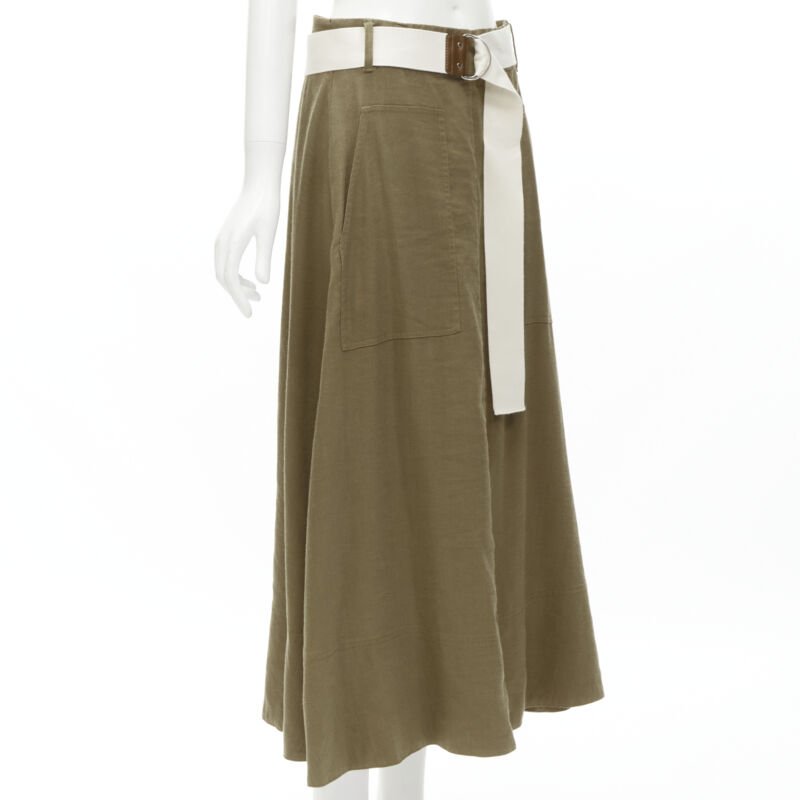 TIBI safari brown linen blend wide canvas belted wrap midi skirt US6 S