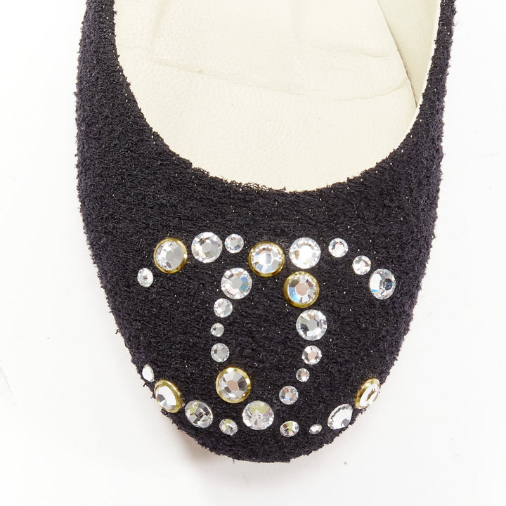 CHANEL black tweed crystal CC embellished logo round toe flat shoes EU35