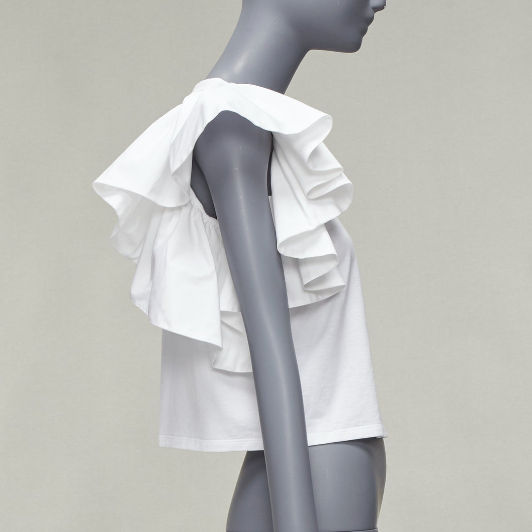 ALEXANDER MCQUEEN white cotton ruffle sleeve crew neck crop top IT38 XS