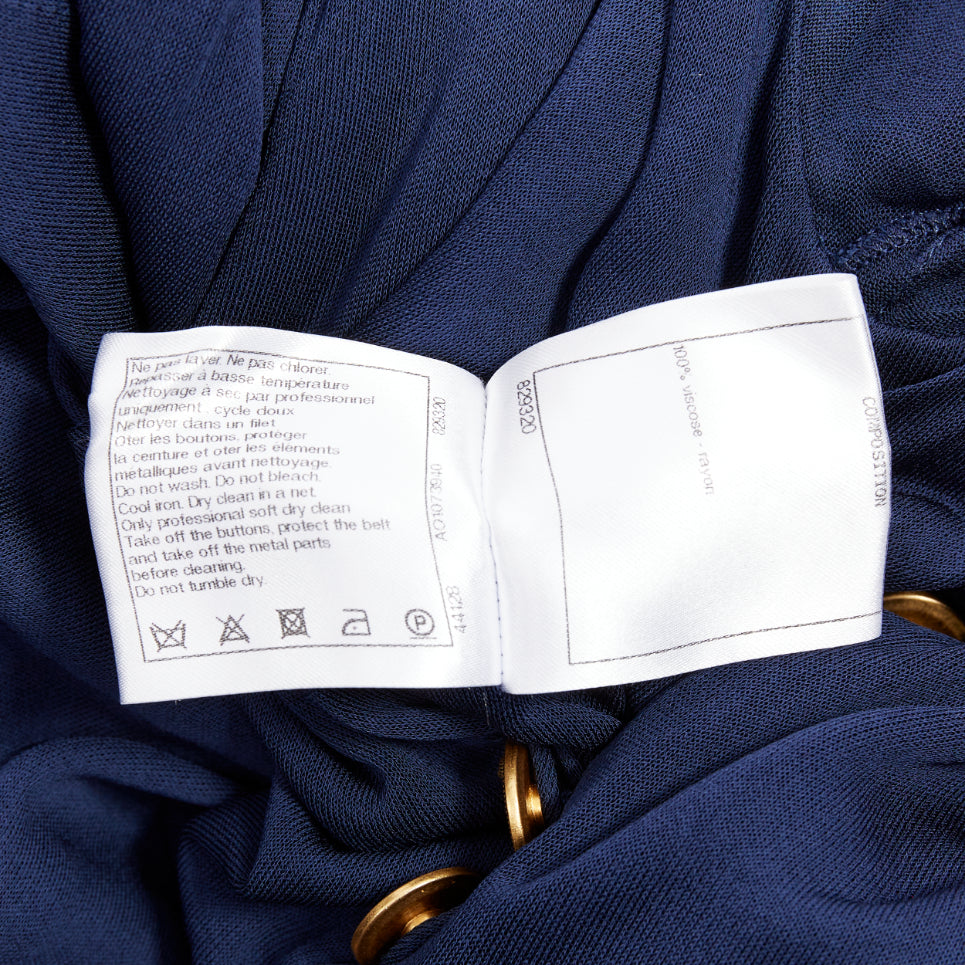 CHANEL 2017 Runway navy gold CC owl logo buttons pleated belted dress FR36 S