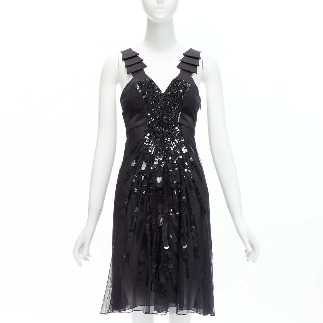 rare VERSACE 2008 black sequins bead embellishment ruffle strap dress IT38 XS