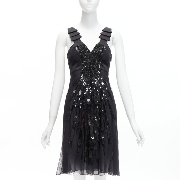 rare VERSACE 2008 black sequins bead embellishment ruffle strap dress IT38 XS