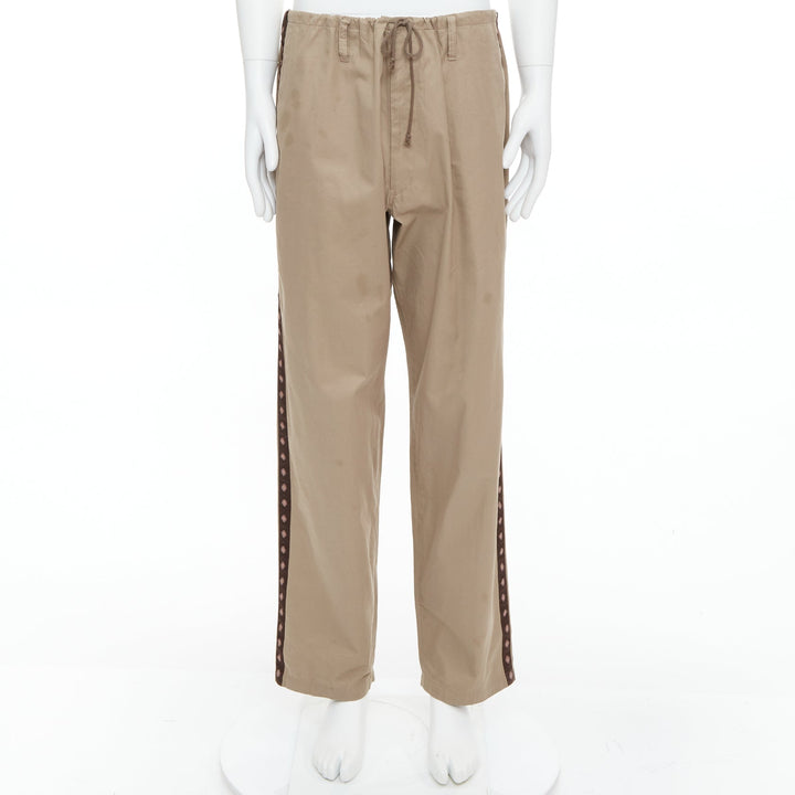 YOHJI YAMAMOTO beige brown ethnic trim drawstring wide pants JP3 L