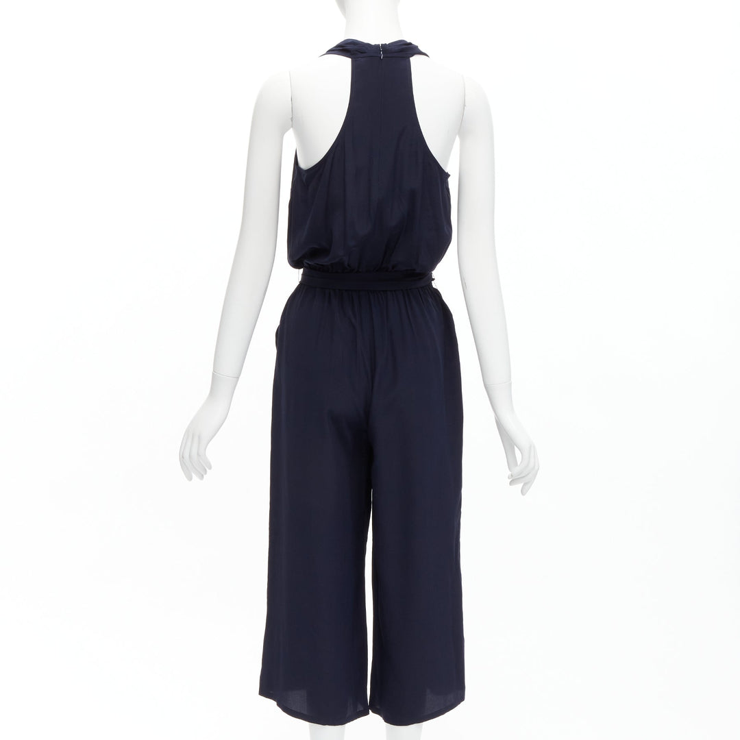 TORY BURCH 100% silk navy V neck wide leg wrap tie wide leg jumpsuit XS