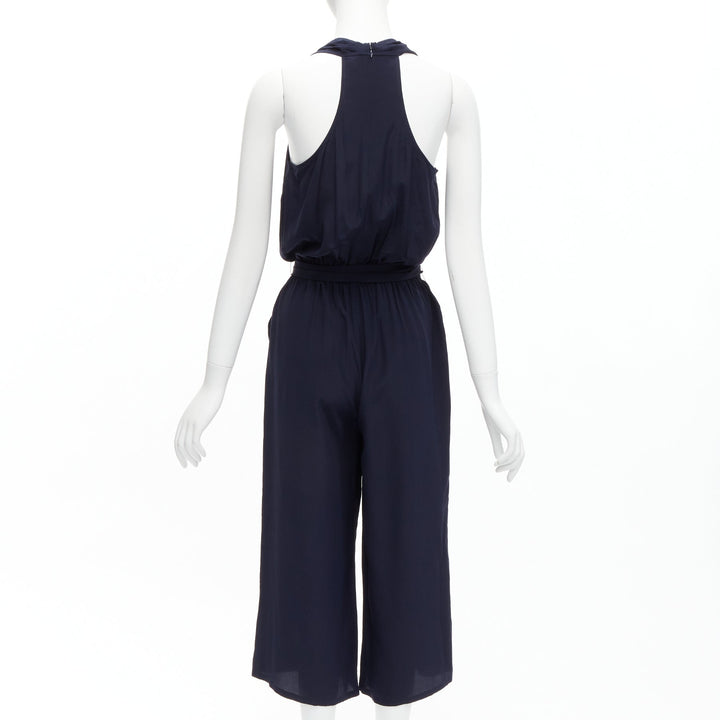TORY BURCH 100% silk navy V neck wide leg wrap tie wide leg jumpsuit XS