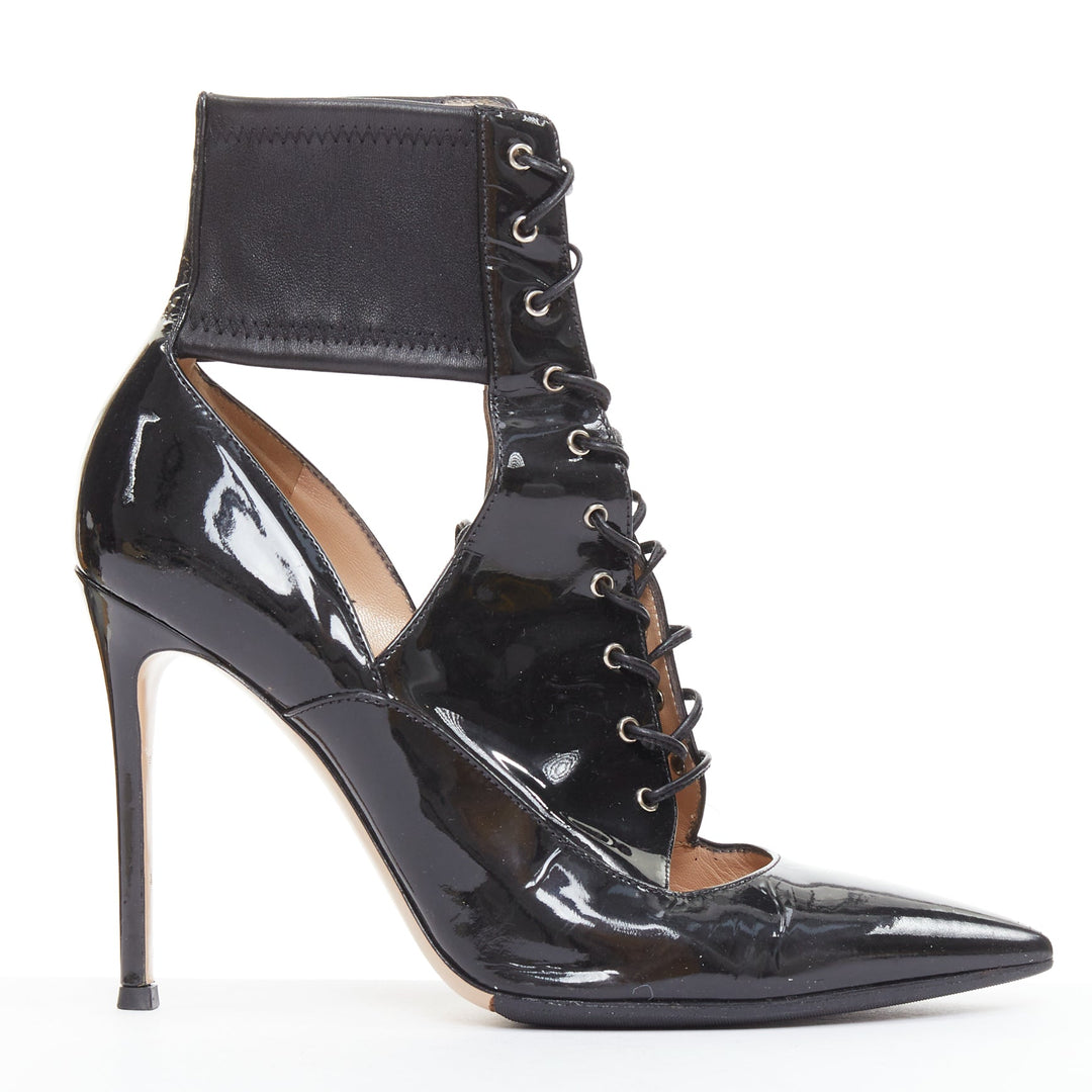 GIANVITO ROSSI black patent cut out corset lace heeled booties EU37.5