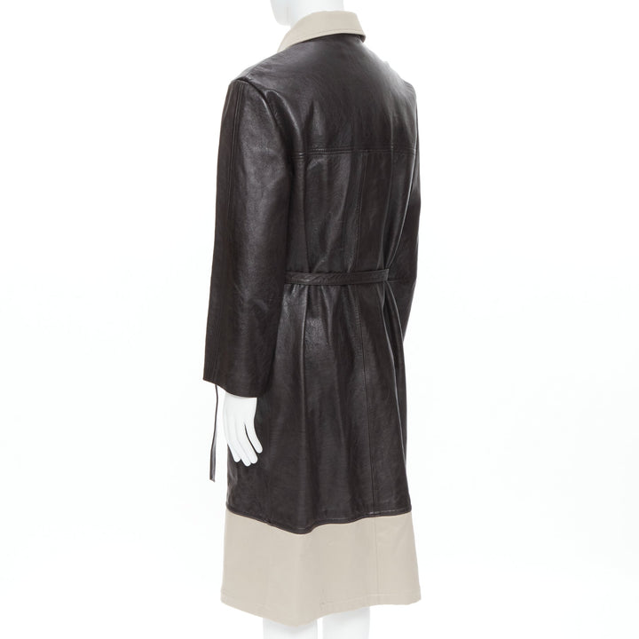 BALENCIAGA Fake Layering black leather beige trench belted coat M