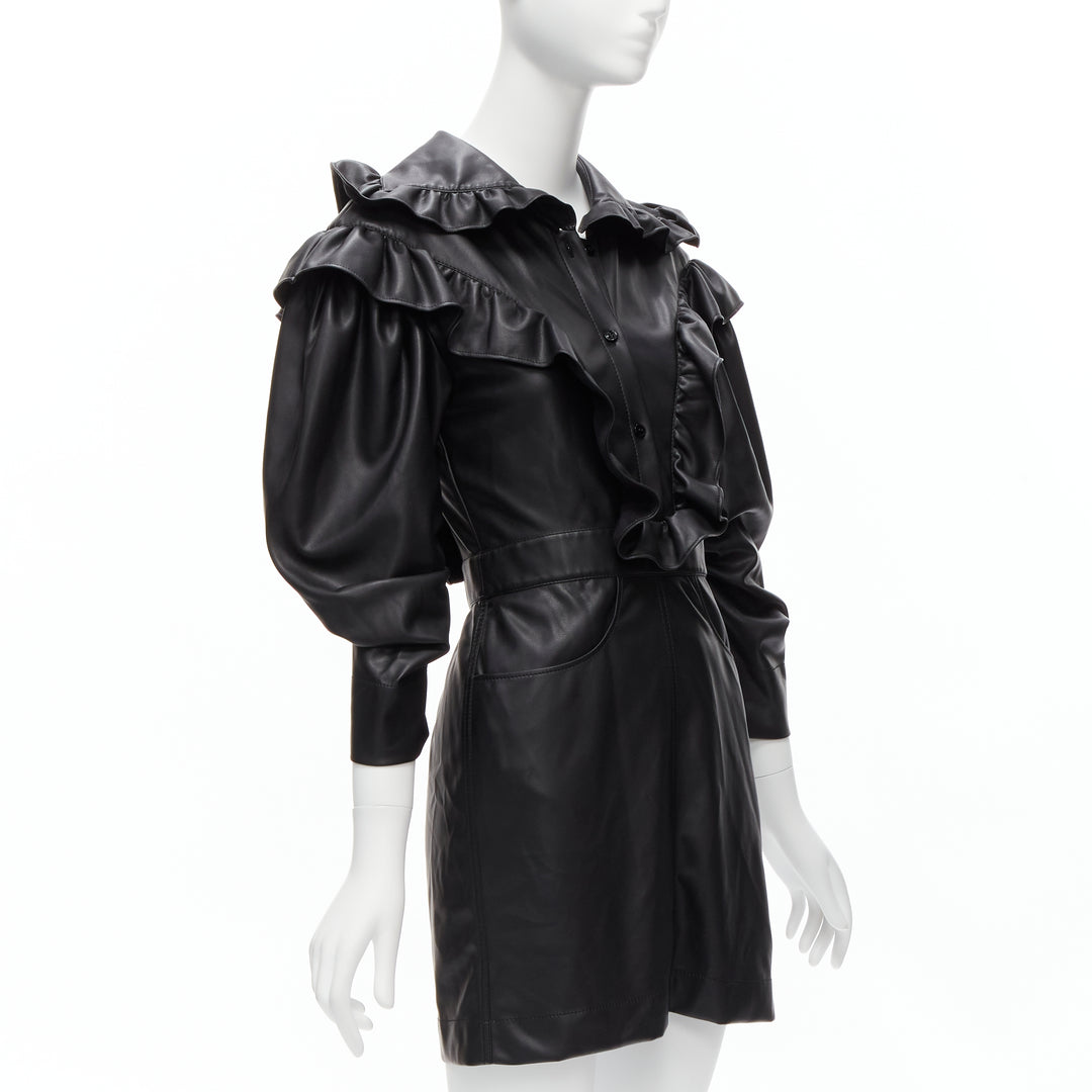 PHILOSOPHY DI LORENZO SERAFINI black faux leather Victorian ruffle dress IT38 XS
