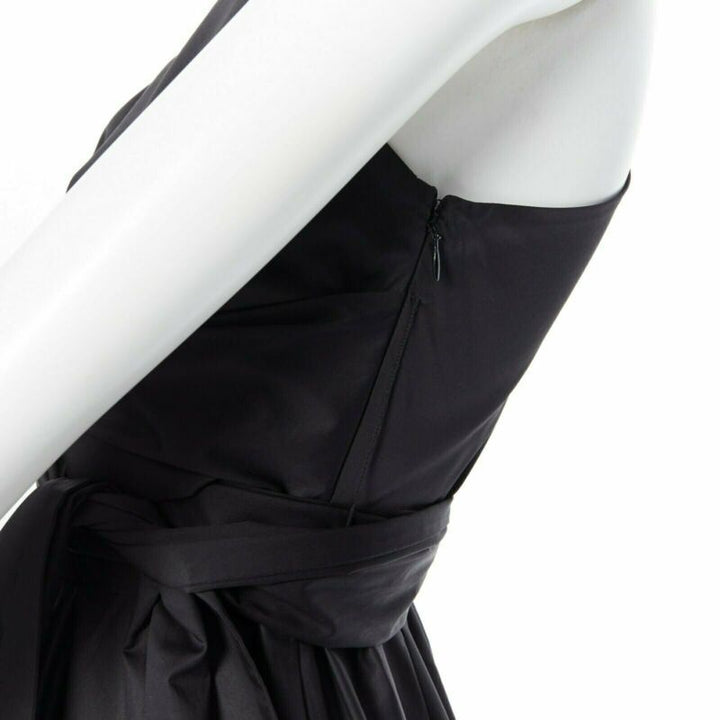 TIBI black cotton fit flare dress one shoulder asymmetrical pleat skirt US0 XS