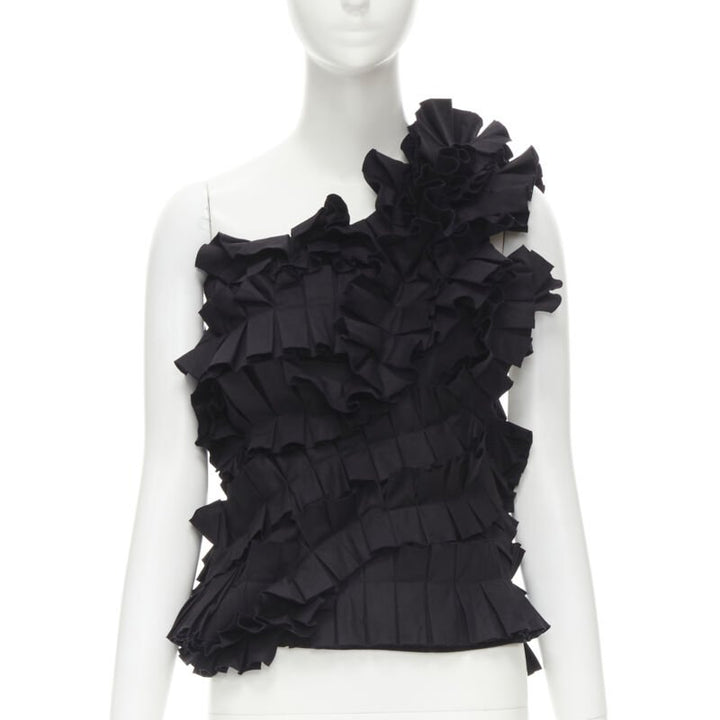 BOTTEGA VENETA black pleated ruffle one shoulder corset bustier top IT38 XS