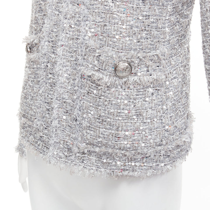 BALMAIN silver sequinned boucle tweed hooded power shoulder jacket FR36 S