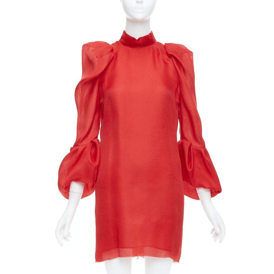 LANVIN 2011 Runway 100% silk red puff sleeve mini dress FR34 XS