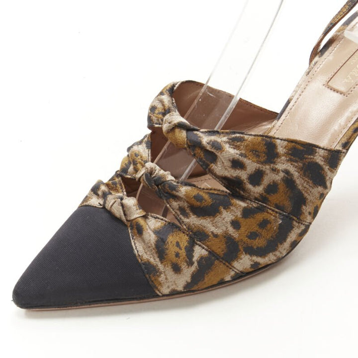 AQUAZZURA brown leopard trio bow ankle strap toe cap high heel pump EU36