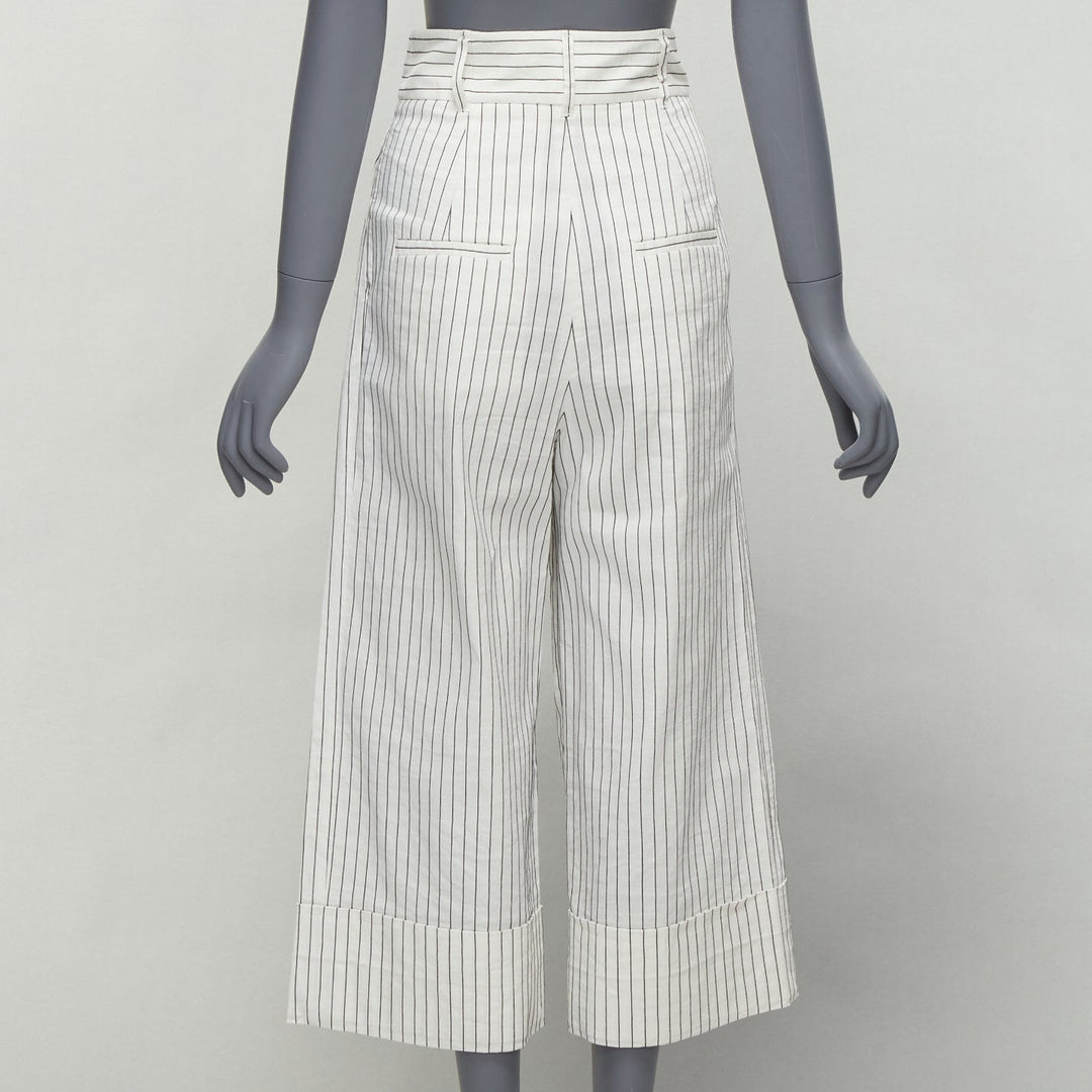 TIBI white black pinstriped linen pleated front wide leg cropped pants US0 XS