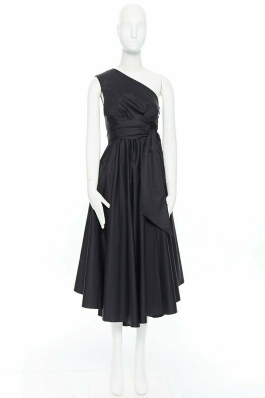 TIBI black cotton fit flare dress one shoulder asymmetrical pleat skirt US0 XS