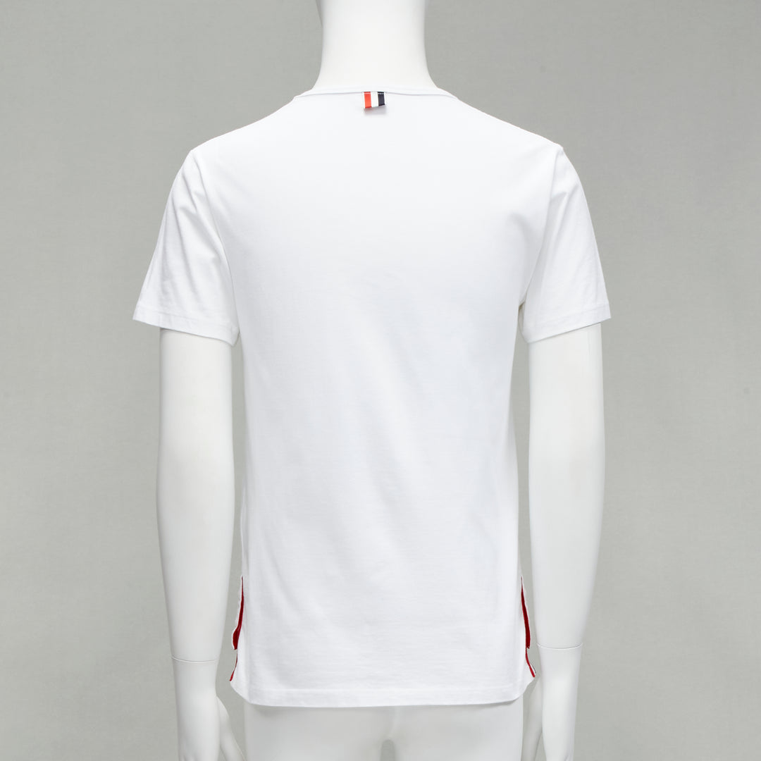 THOM BROWNE iconic stripes patch pocket white cotton tshirt Sz. 1 S
