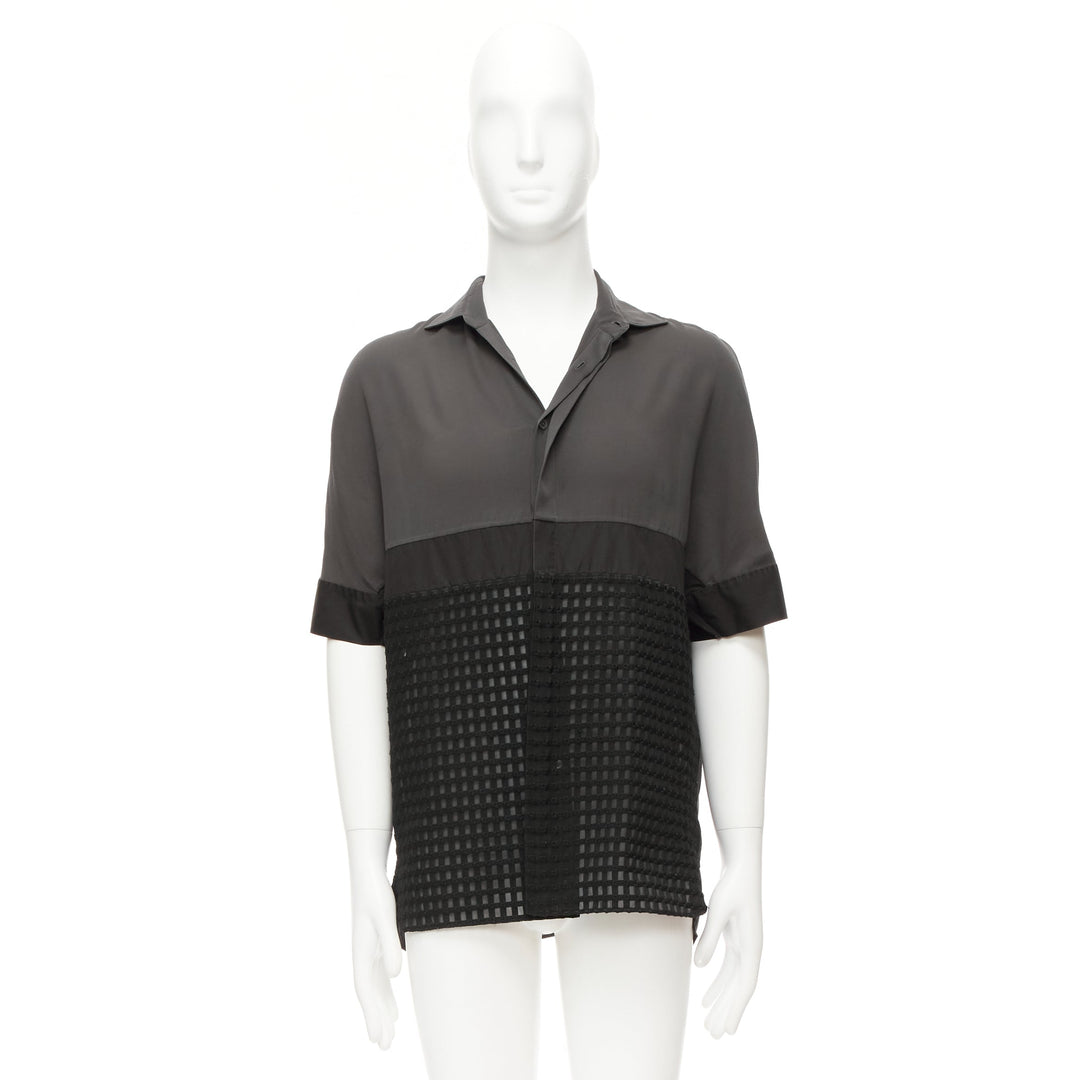 LANVIN grey black silky twill mix texture short sleeves dress shirt EU38/15 S