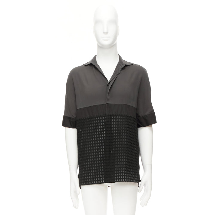 LANVIN grey black silky twill mix texture short sleeves dress shirt EU38/15 S