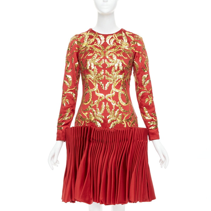 ALEXANDER MCQUEEN 2010 Runway Angels Demons red gold sequin pleat dress IT40 S