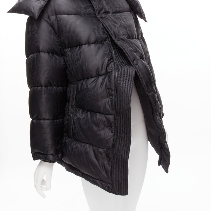BALENCIAGA 2019 black logo jacquard Swing hooded quilted puffer coat FR36 S