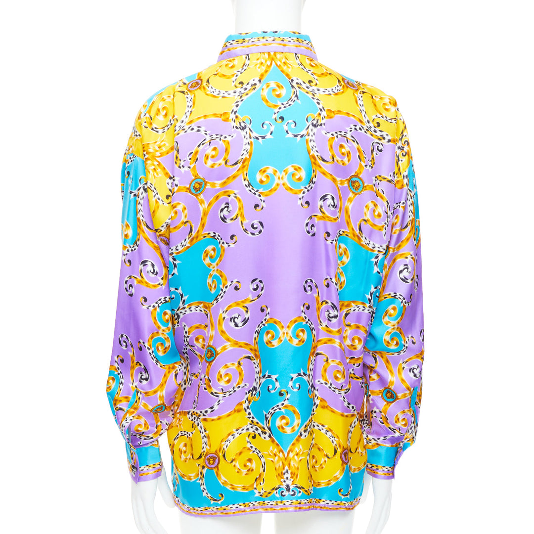GIANNI VERSACE 1995 Vitnage 100% silk purple yellow leopard barocco shirt IT48 M