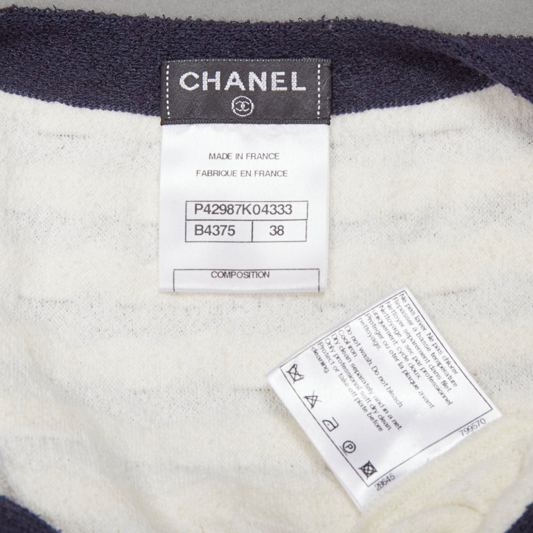 CHANEL cream cotton blend navy towelling trim CC logo knitted vest FR38 M