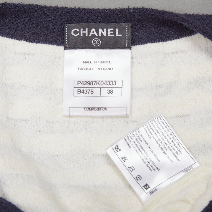 CHANEL cream cotton blend navy towelling trim CC logo knitted vest FR38 M