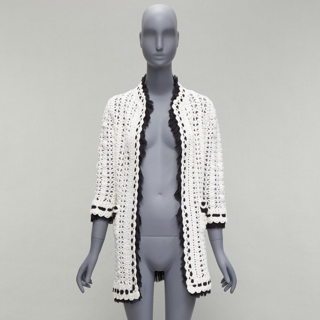 CHANEL 05P Runway cream crochet knit black silk trim cardigan coat FR38 M