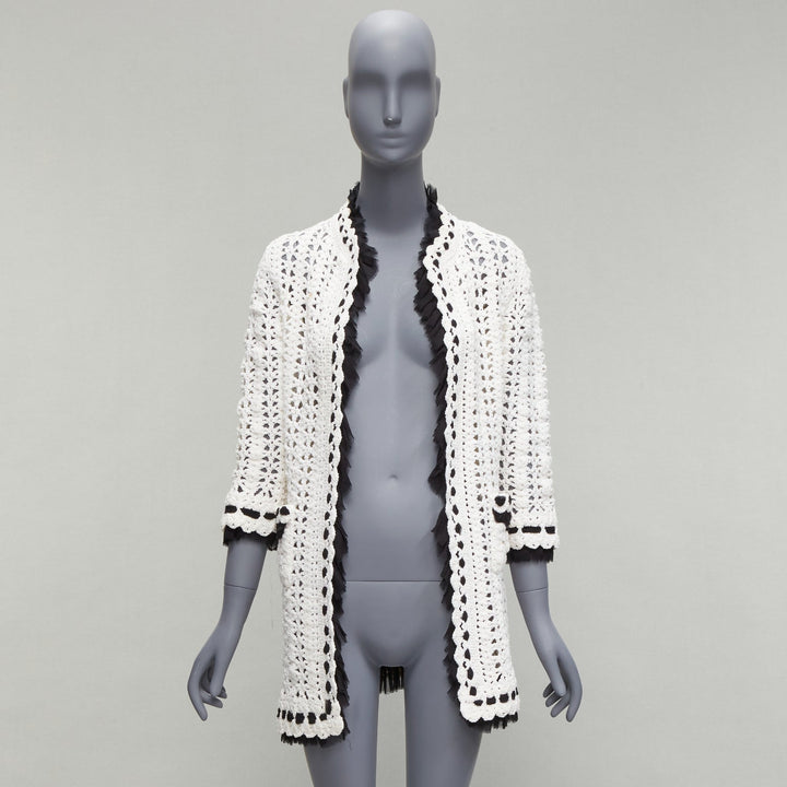 CHANEL 05P Runway cream crochet knit black silk trim cardigan coat FR38 M